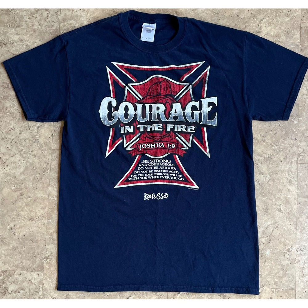 Kerusso Men Navy Blue Courage In The Fire Joshua 1:9 Firefighter T-Shirt Medium - Picture 2 of 8